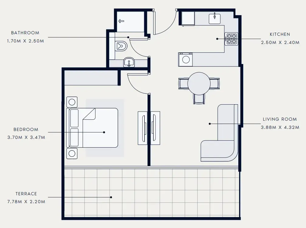 Riviera Azure 1 bed floor plan, 729 – 808 sqft