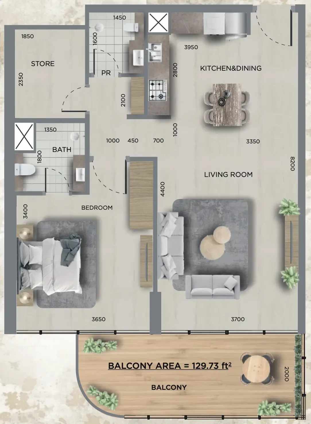 368 Park Ln. 1 bed floor plan, 806 sqft
