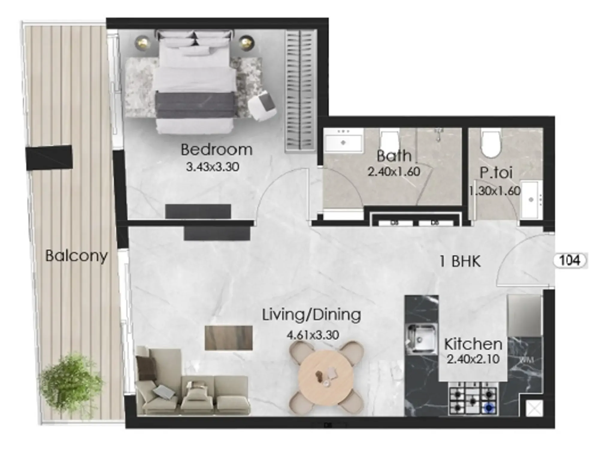 Aristo 1 bed floor plan, 590 sqft