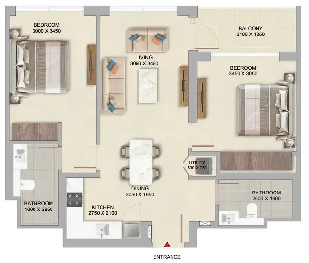 The Woods at Sobha Sanctuary 2 bed floor plan, 864 sqft