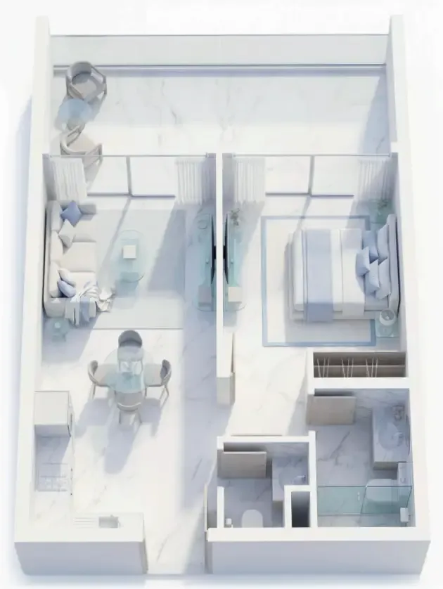 Ice Beach 1 bed floor plan, 703 – 711 sqft