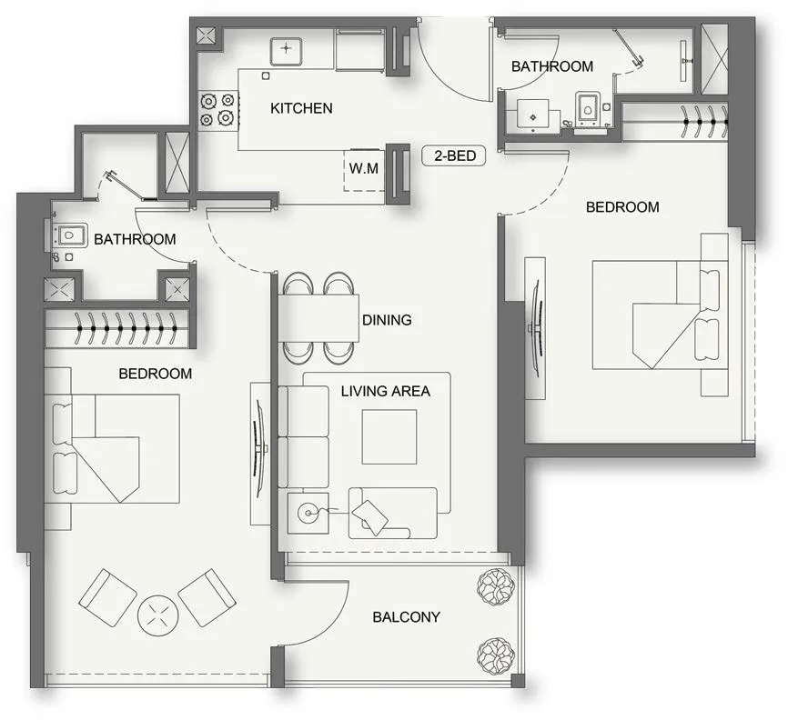 Binghatti Cullinan 2 bed floor plan, 911 sqft