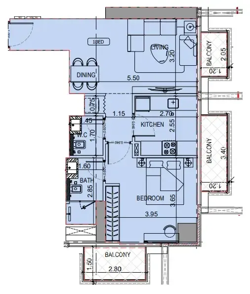 Binghatti Luxuria 1 bed floor plan, 742 sqft