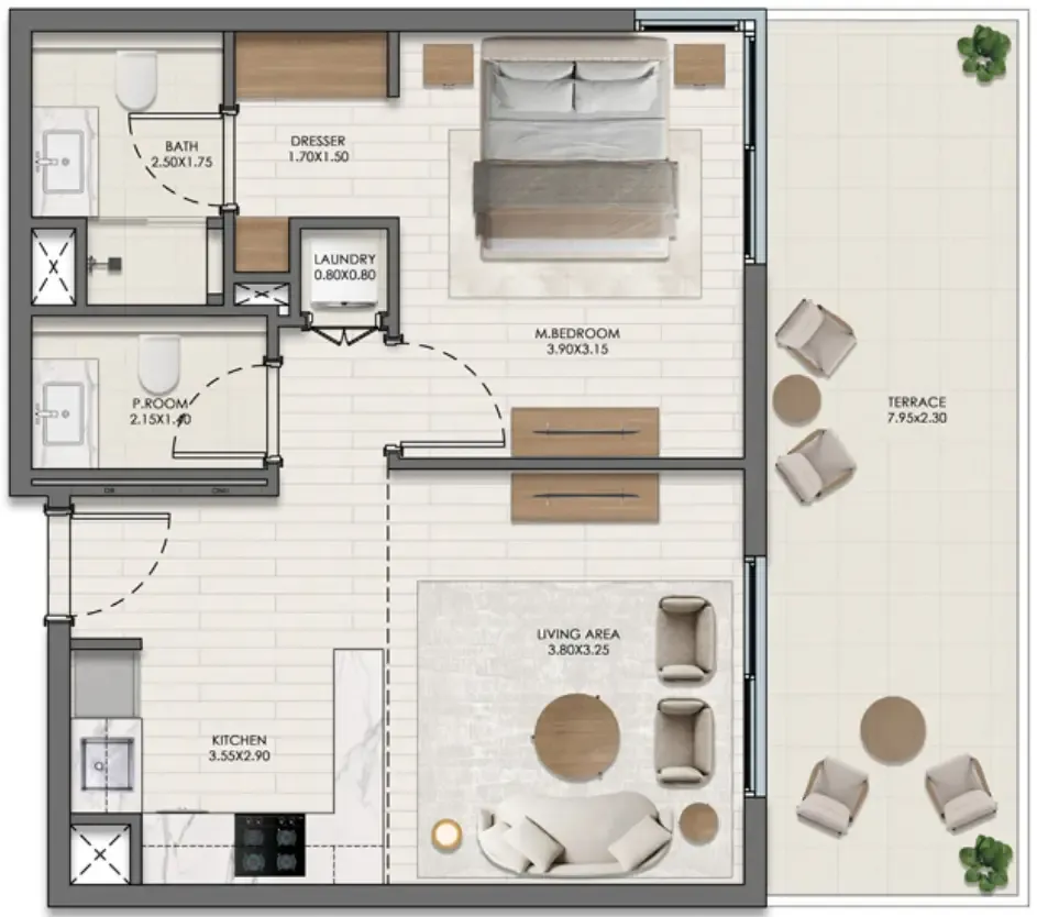 Evelyn on the Park 1 bed floor plan, 610 – 765 sqft