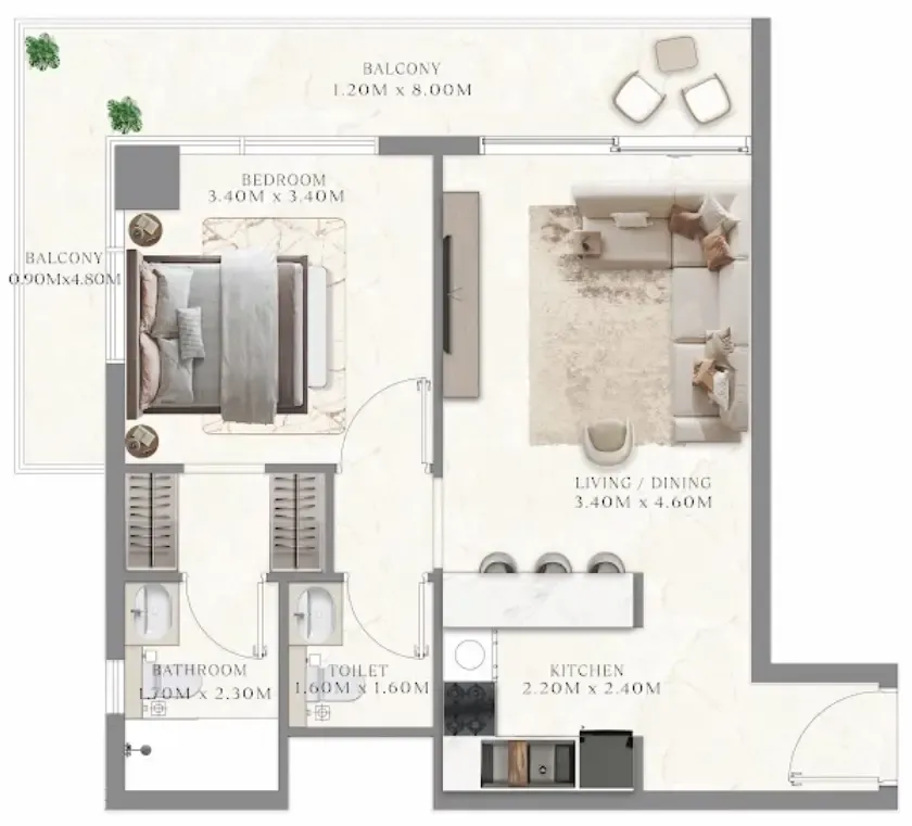 Aum 99 Residences 1 bed floor plan, 556 – 561 sqft