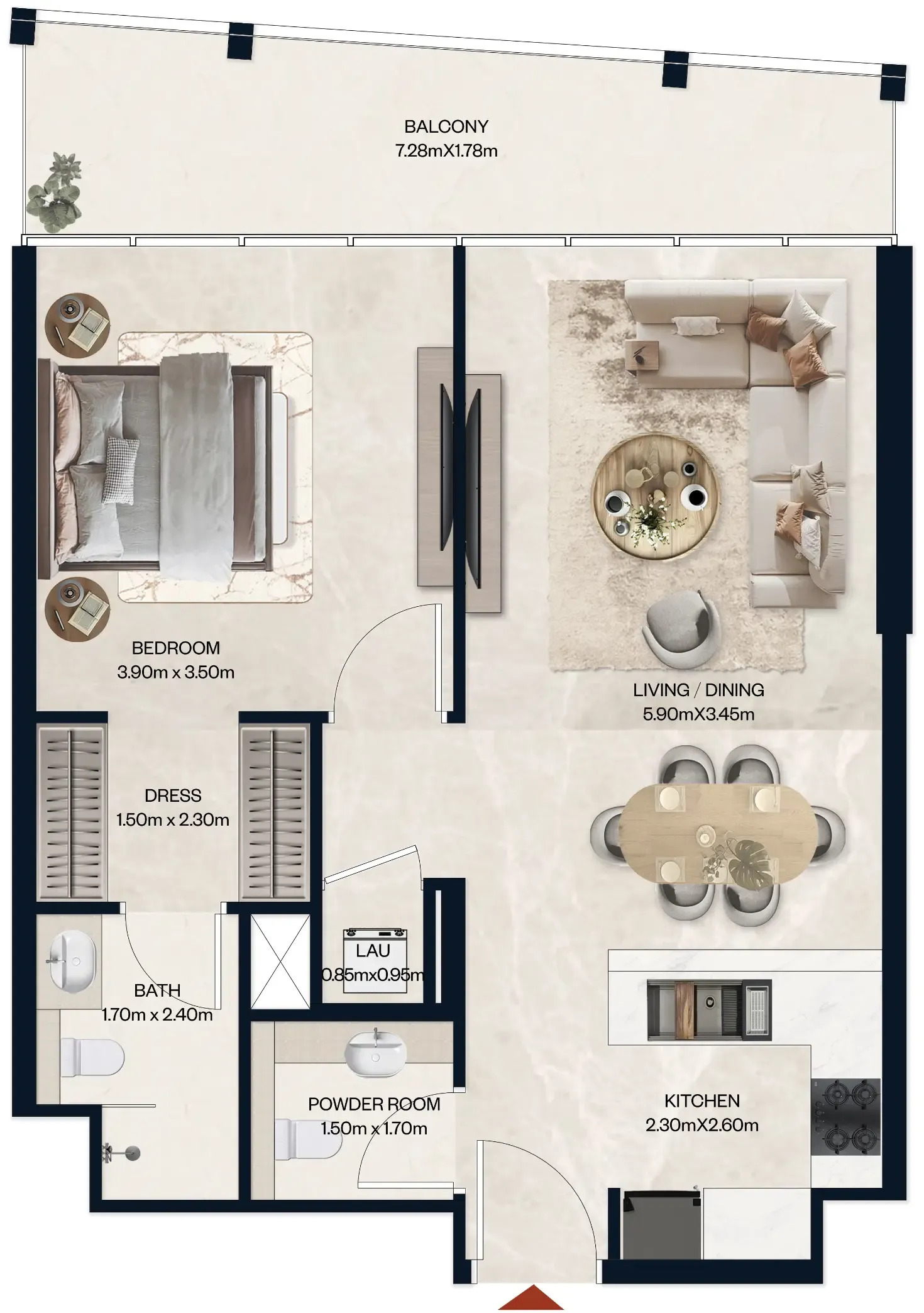 Norah Residence 1 bed floor plan, 768 sqft