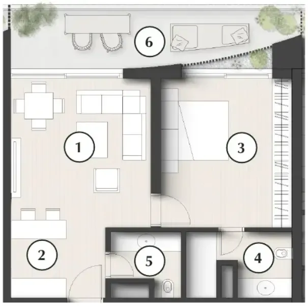 Lunaya Terraces 1 bed floor plan, 863 sqft