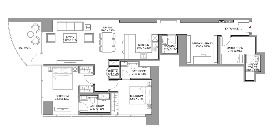 Skyscape 2 bed floor plan, 1,514 sqft