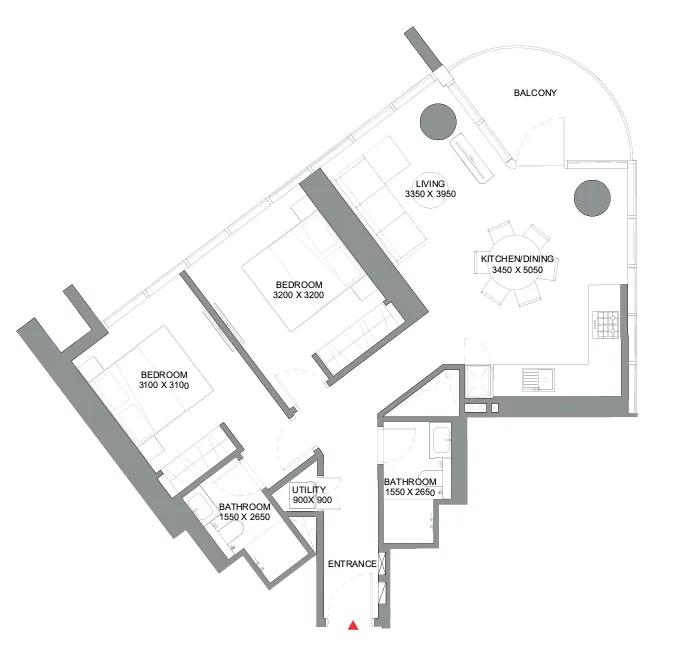 Sobha Orbis 2 bed floor plan, 992 sqft