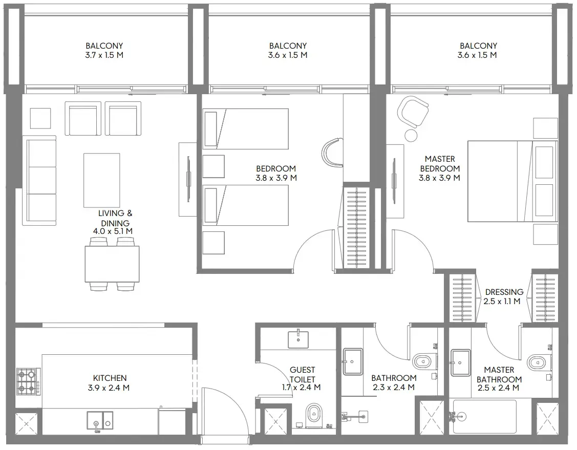 Jenna 1 2 bed floor plan, 1,244 sqft