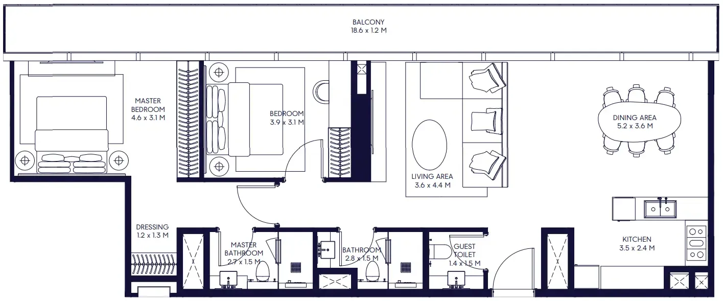 Inaura Hotels & Residences Downtown 2 bed floor plan, 1,628 – 1,645 sqft