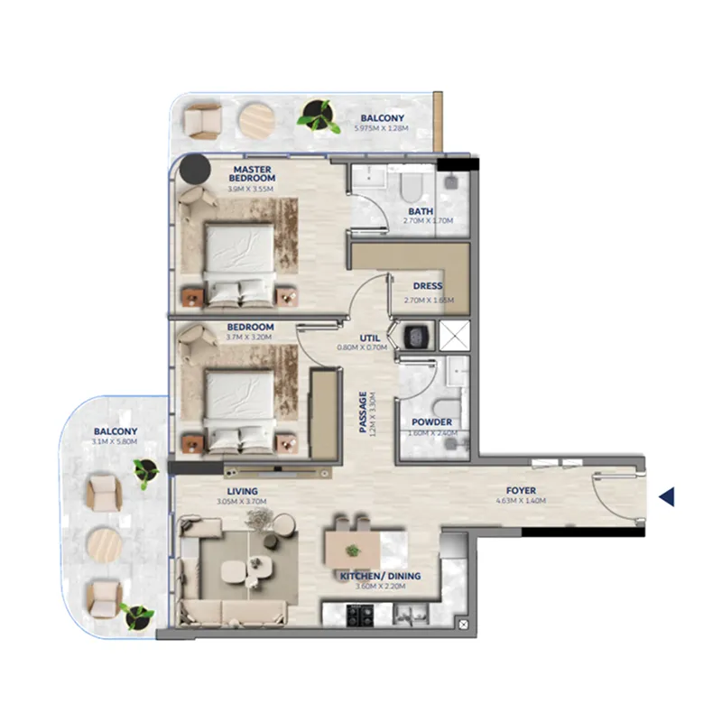 Vedaire Residences 2 bed floor plan, 1,151 – 1,207 sqft