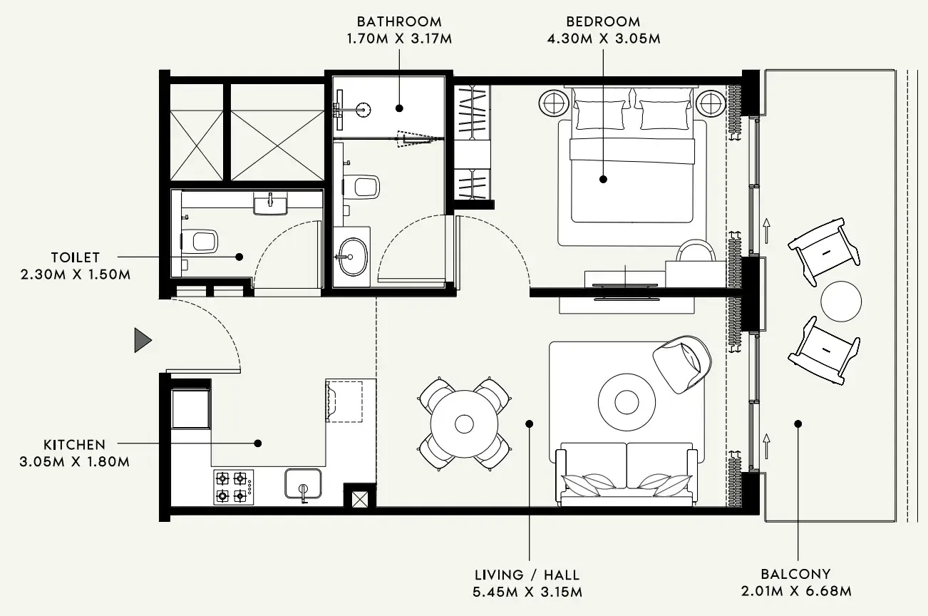 Azizi Venice 1 bed floor plan, 736 sqft