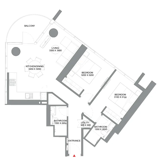 Sobha Orbis 2 bed floor plan, 990 – 991 sqft