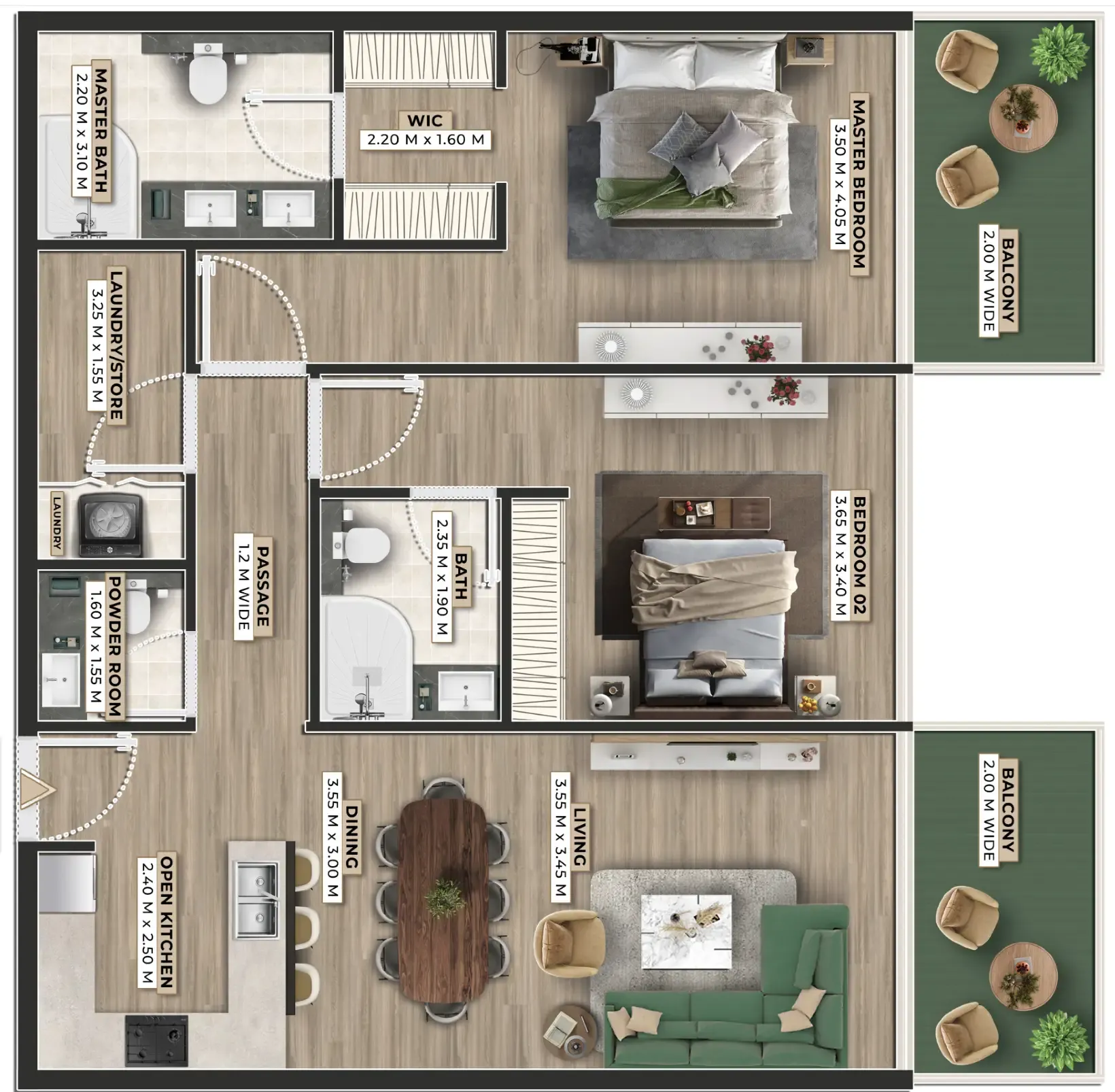 Firoza 2 bed floor plan, 1,267 sqft