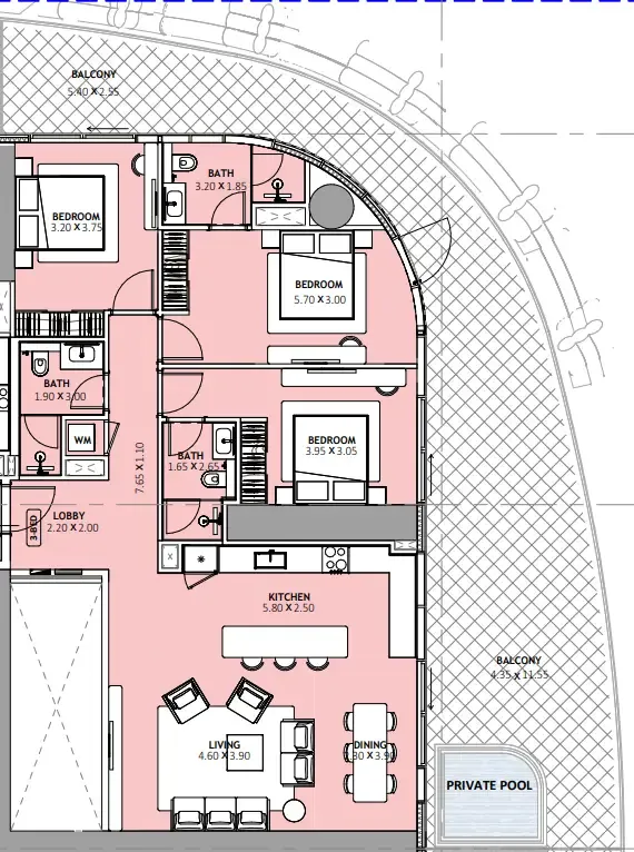 Binghatti Skyblade 3 bed floor plan, 2,174 sqft