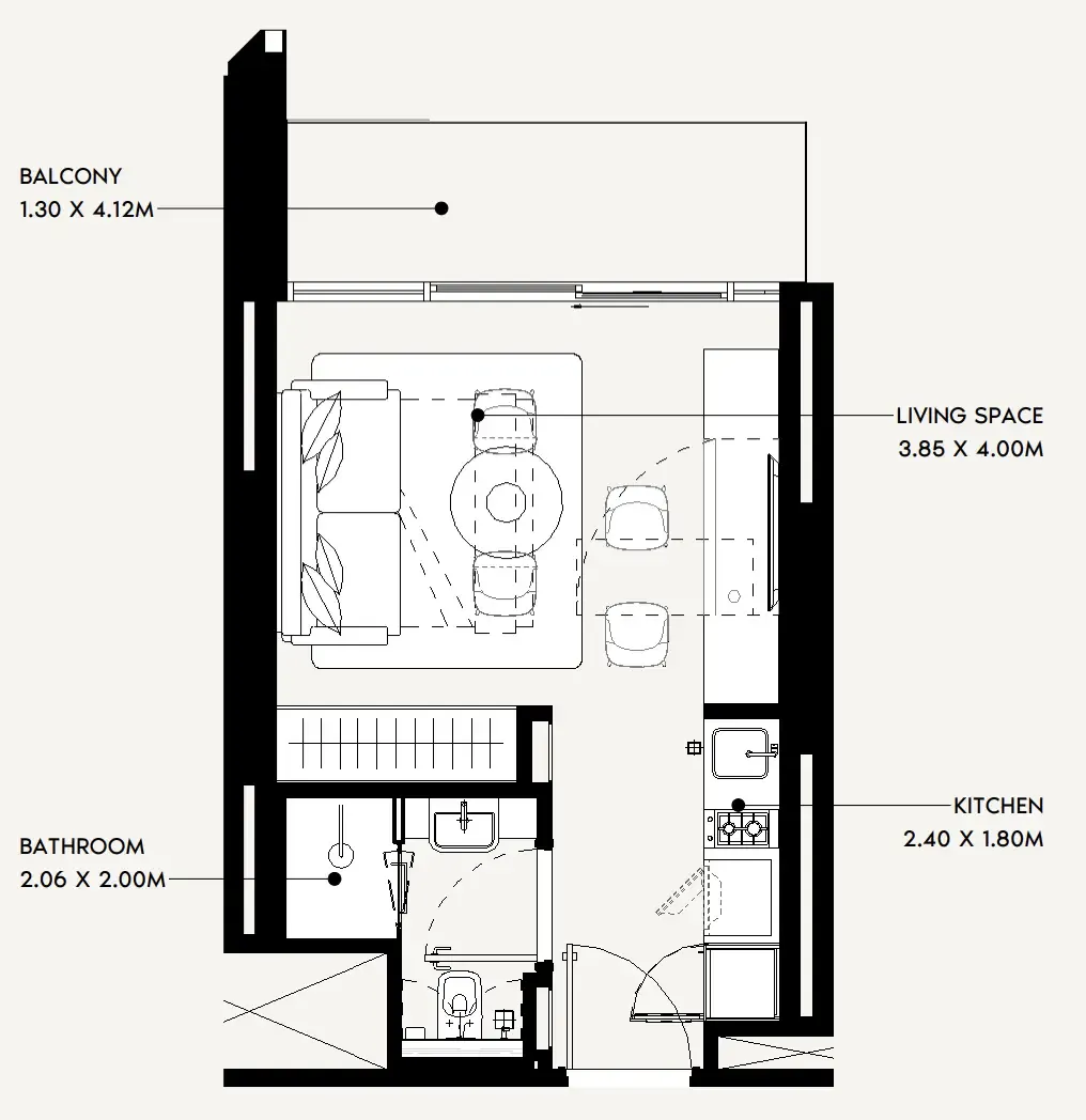 Jaddaf Beach Oasis Studio floor plan, 347 sqft