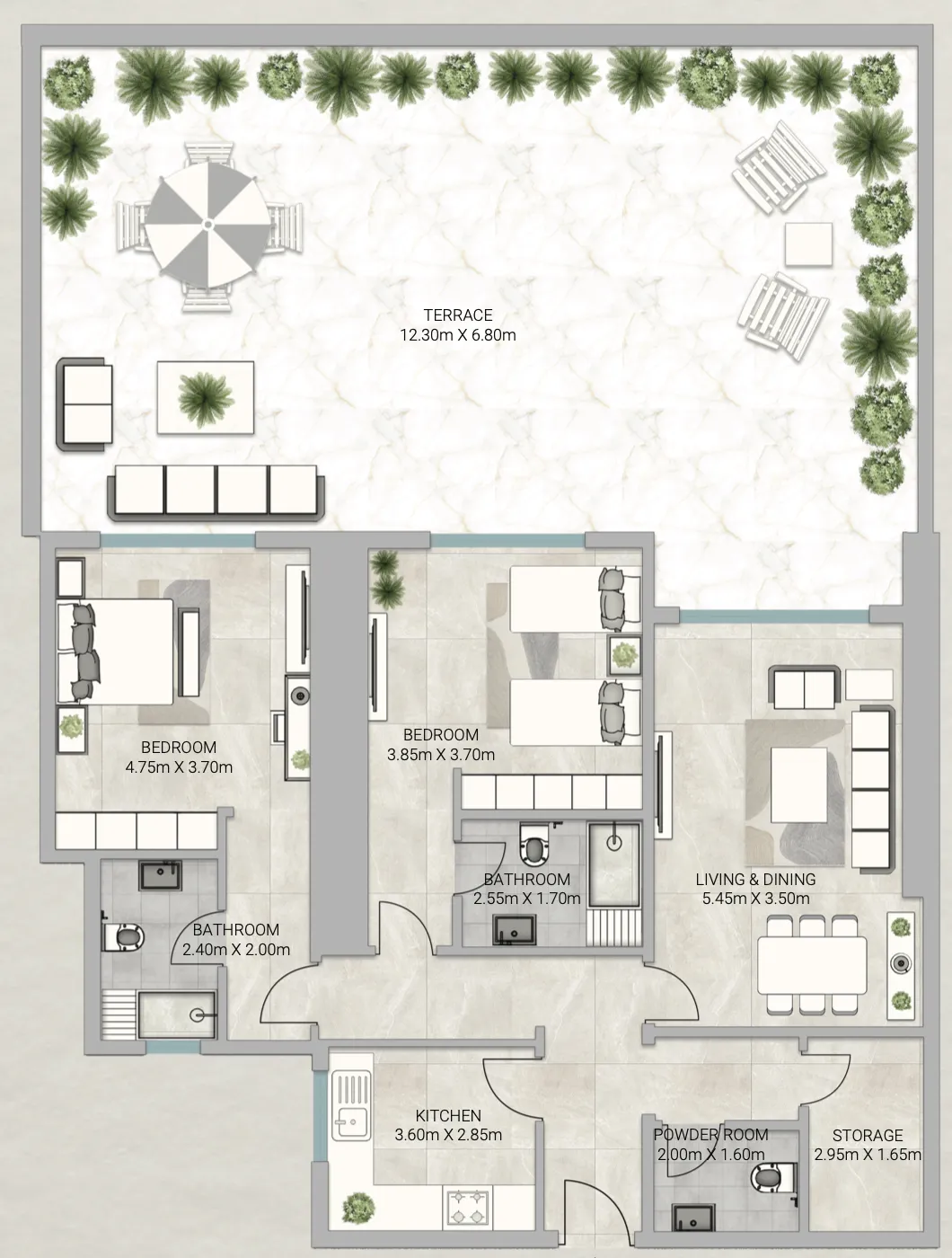 Sky Gardens Tower 2 bed floor plan, 2,975 sqft