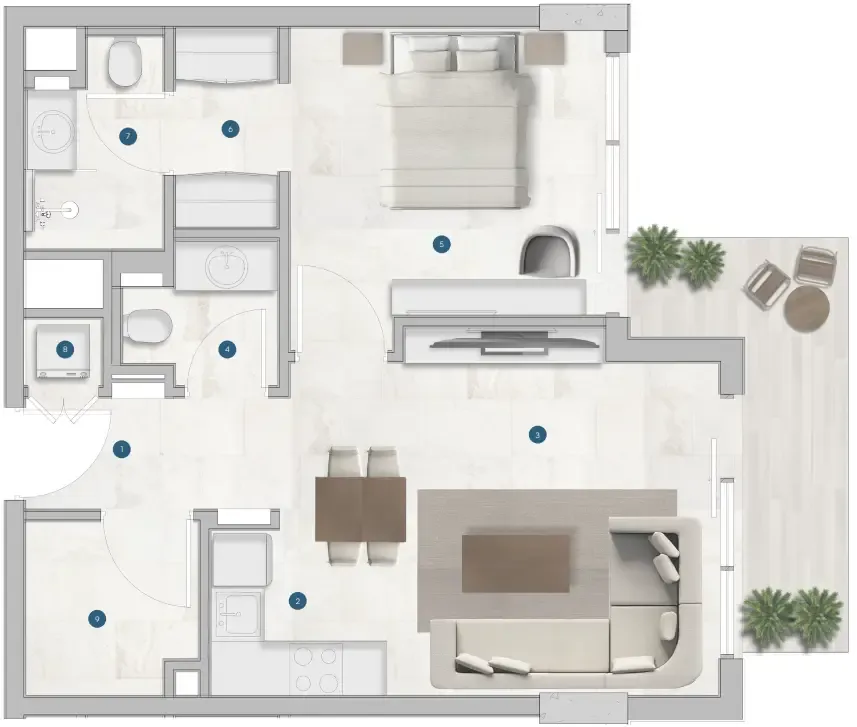 Sola Residences 1 bed floor plan, 726 sqft