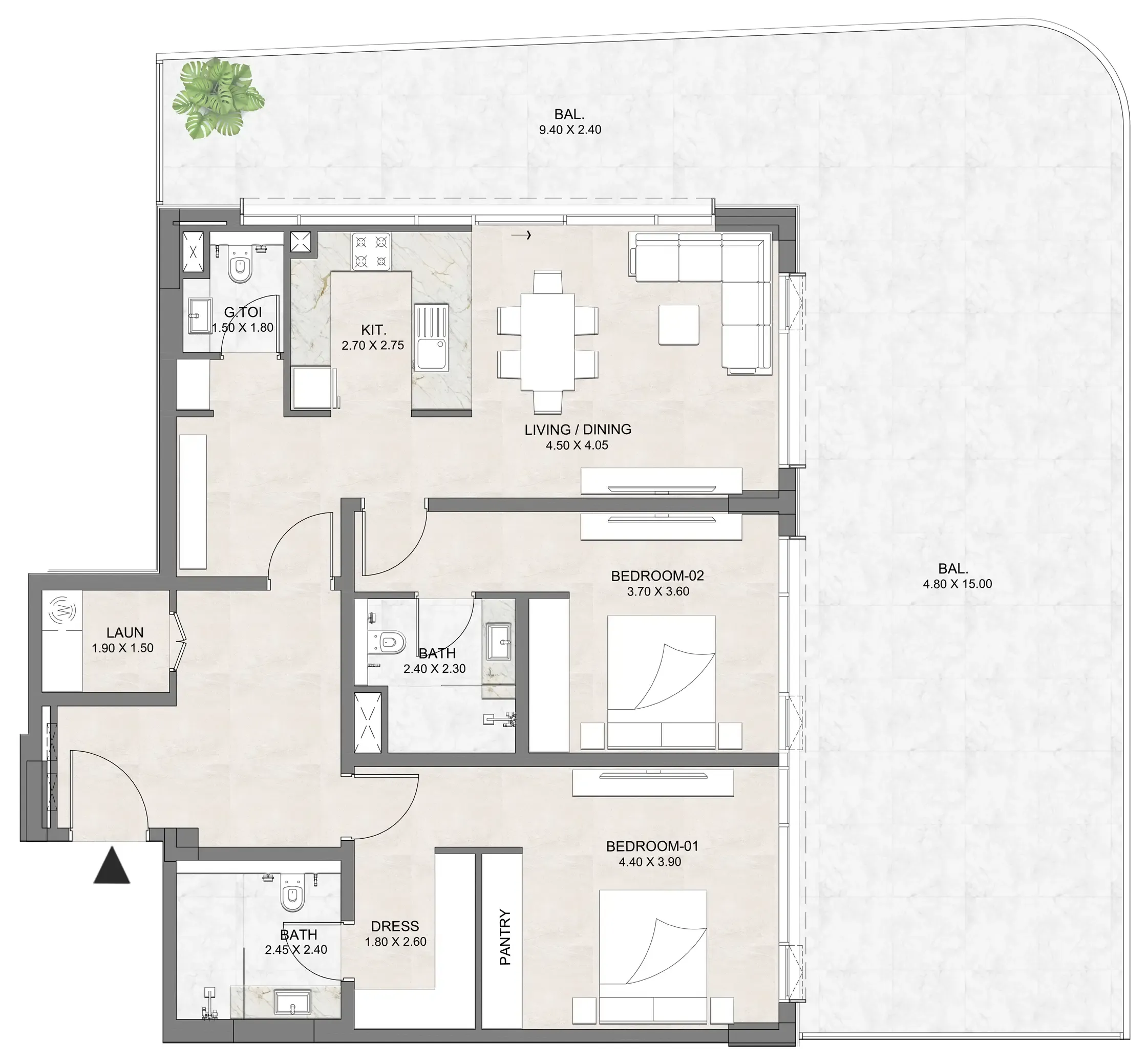 Luzora Residence 2 bed floor plan, 2,345 sqft