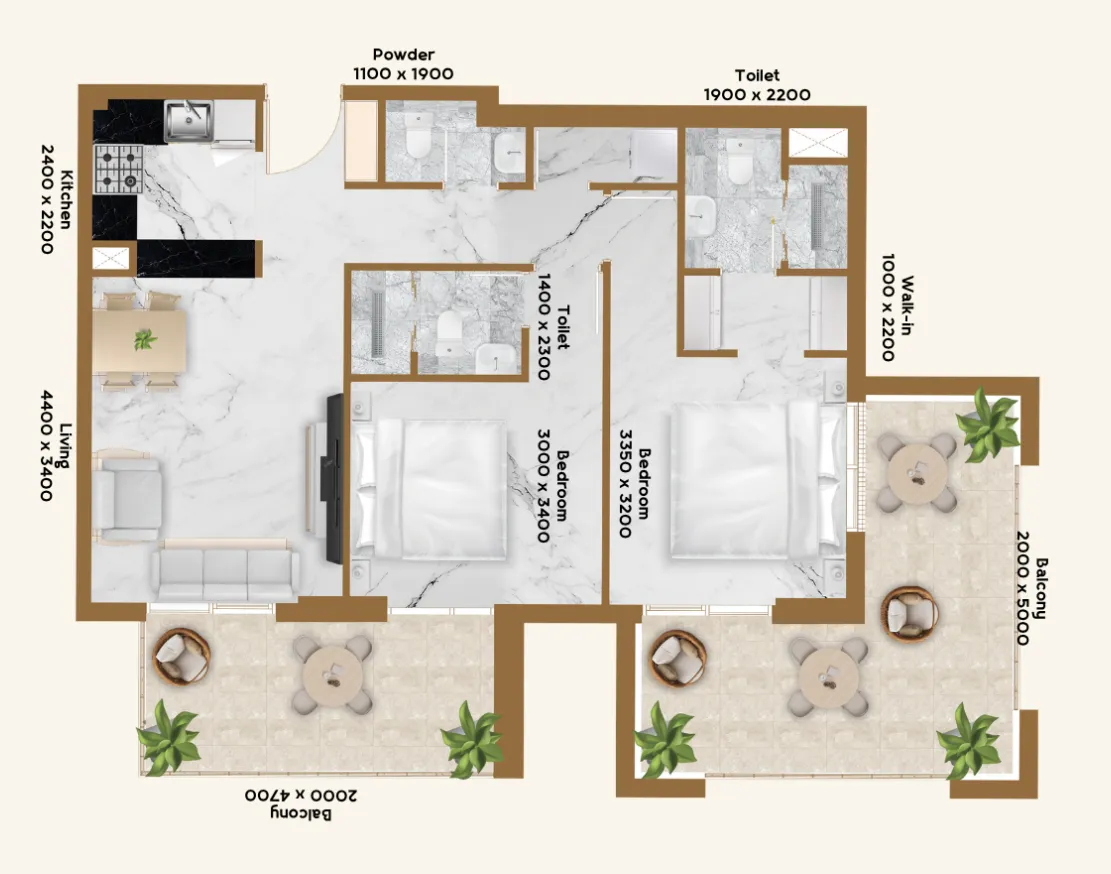 RR Residence 2 bed floor plan, 1,133 sqft