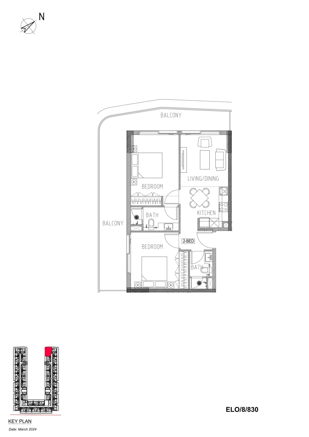 Elo Damac 2 bed floor plan, 1,044 sqft