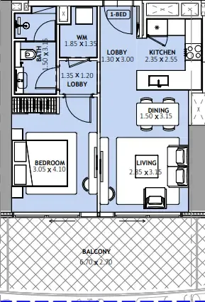 Binghatti Skyblade 1 bed floor plan, 765 sqft