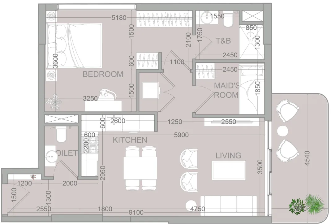 TETR1S Tower 1 bed floor plan, 766 sqft