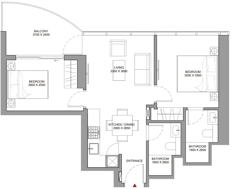 Sobha Aquamont 2 bed floor plan, 732 sqft