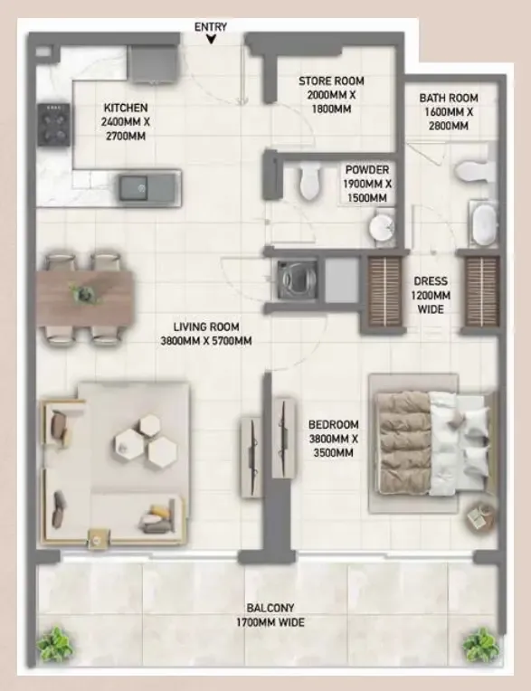 Blossom 40 1 bed floor plan, 863 sqft