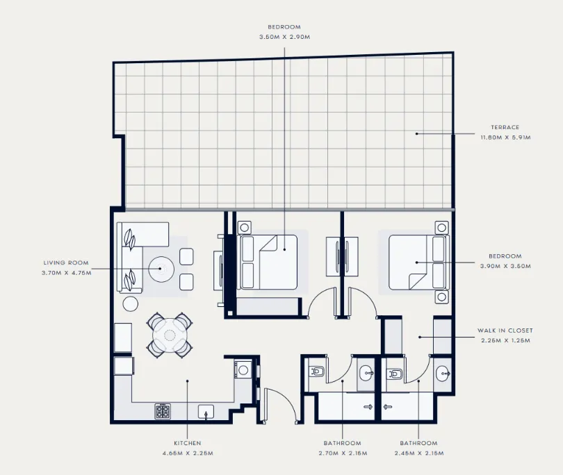 Azizi Venice 2 bed floor plan, 1,598 sqft