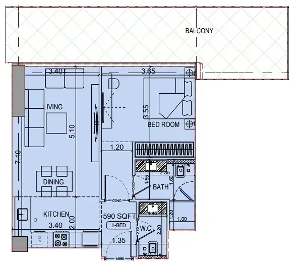 Binghatti Vintage 1 bed floor plan, 893 sqft