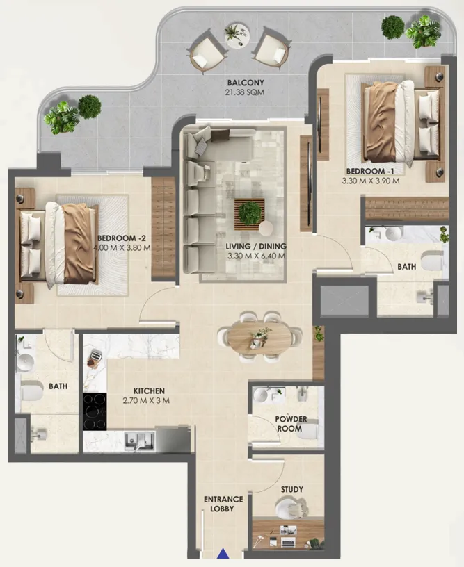 Vivida Residences 2 bed floor plan, 1,183 sqft