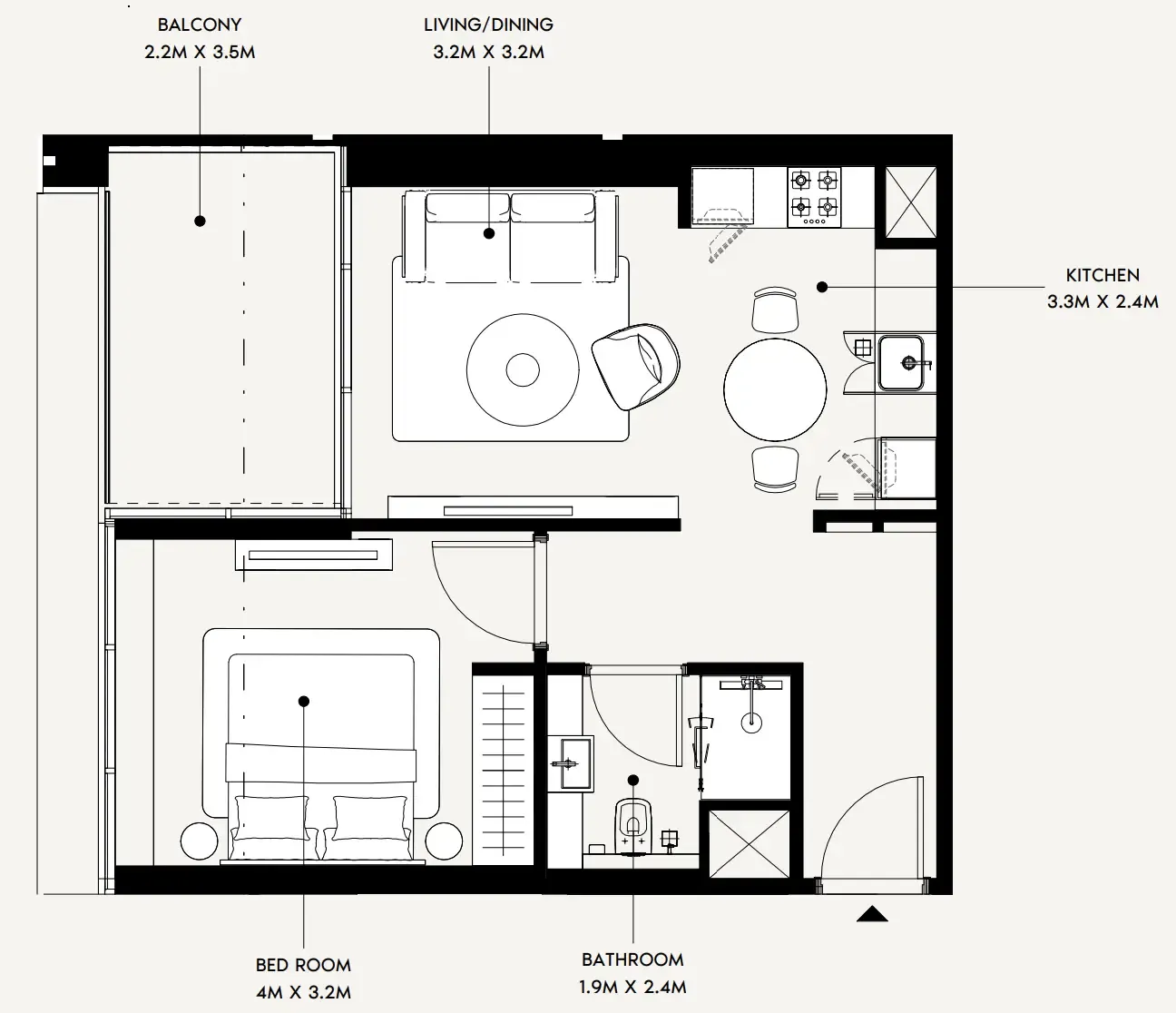 Creek Views 4 1 bed floor plan, 612 sqft