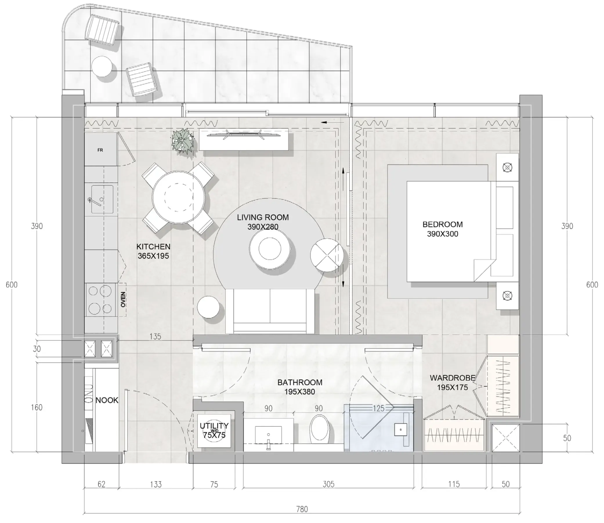 Solera Downtown Mina 1 bed floor plan, 621 – 622 sqft