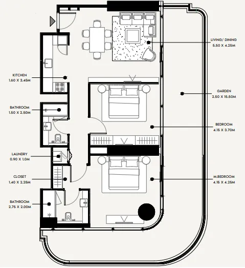 Azizi Milan 2 bed floor plan, 1,563 sqft