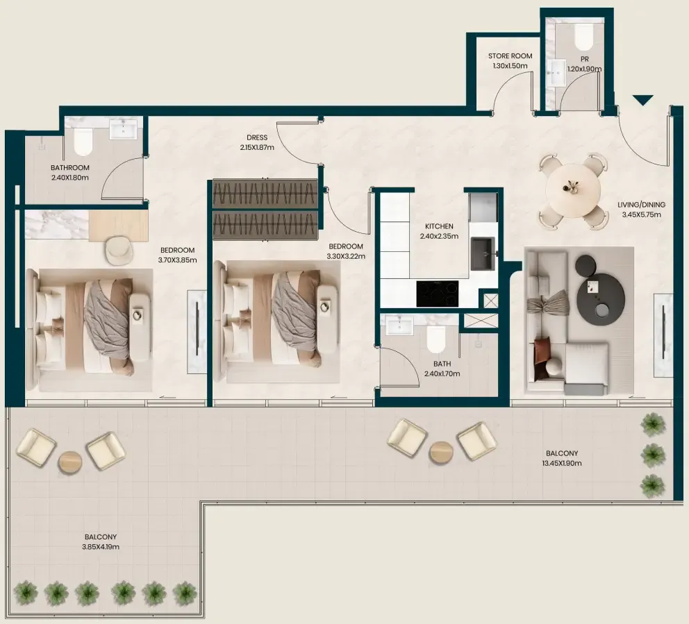 Kyomi Residences 2 bed floor plan, 1,295 sqft