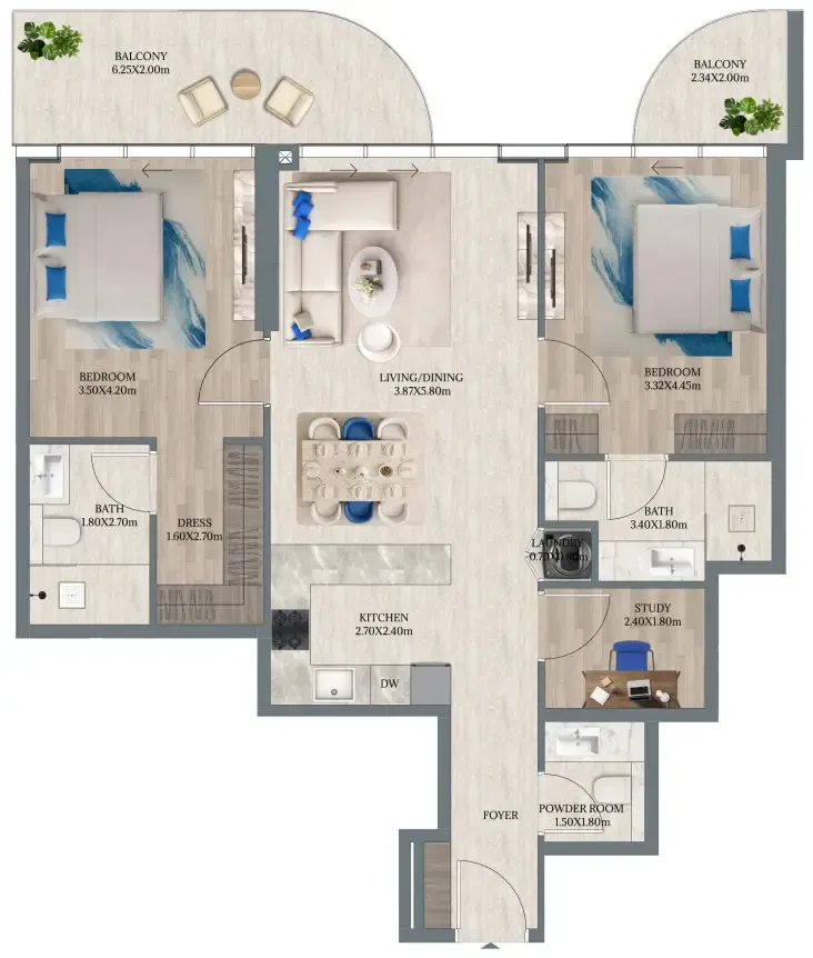 Maravea Residences 2 bed floor plan, 1,228 sqft