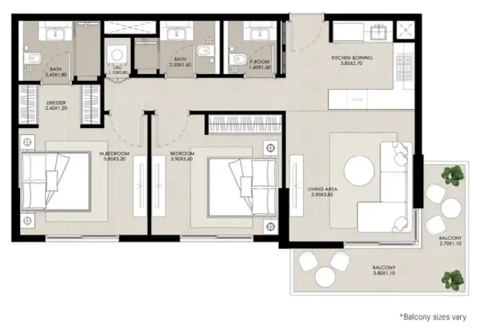 Rosewell 2 bed floor plan, 946 – 950 sqft