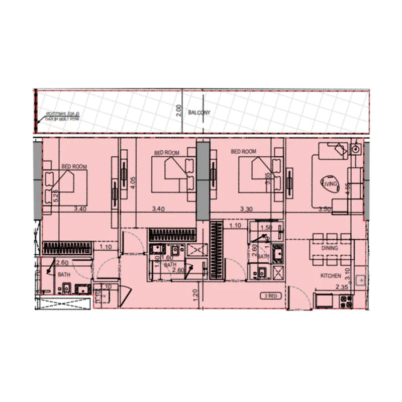 Binghatti Flare 3 bed floor plan, 1,553 sqft