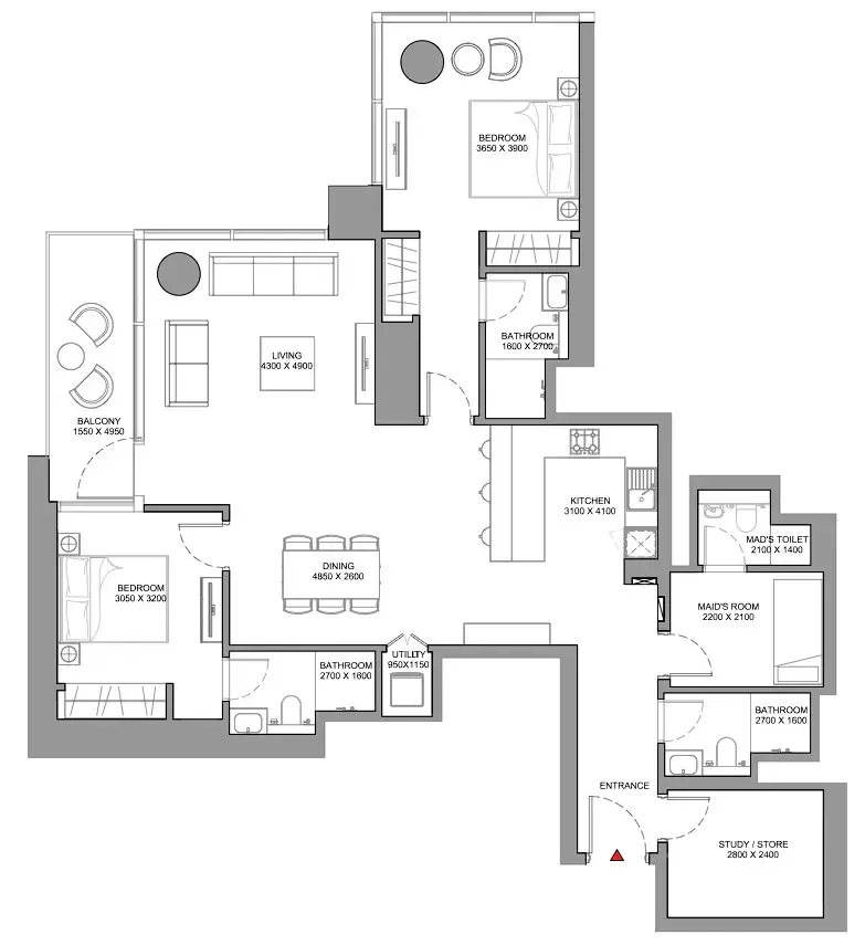 Skyscape 2 bed floor plan, 1,549 sqft