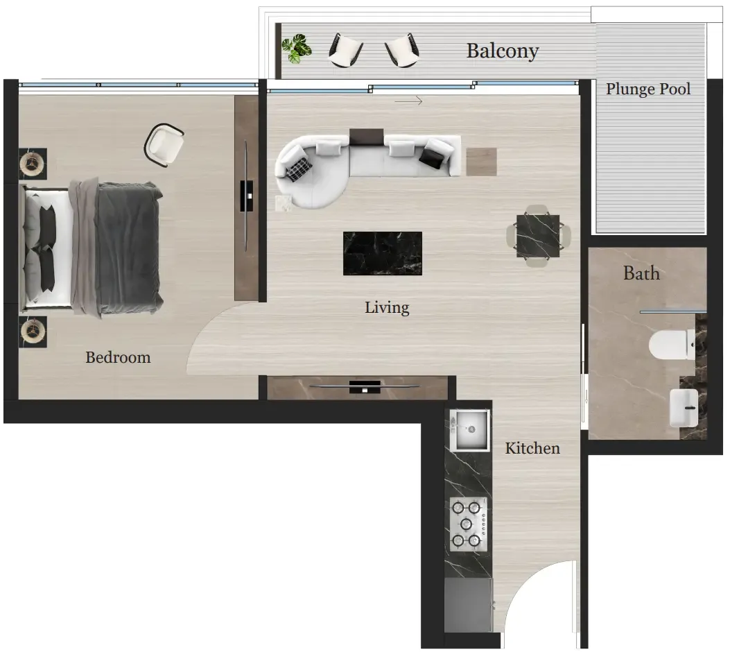 Rijas Suites 1 bed floor plan, 524 sqft