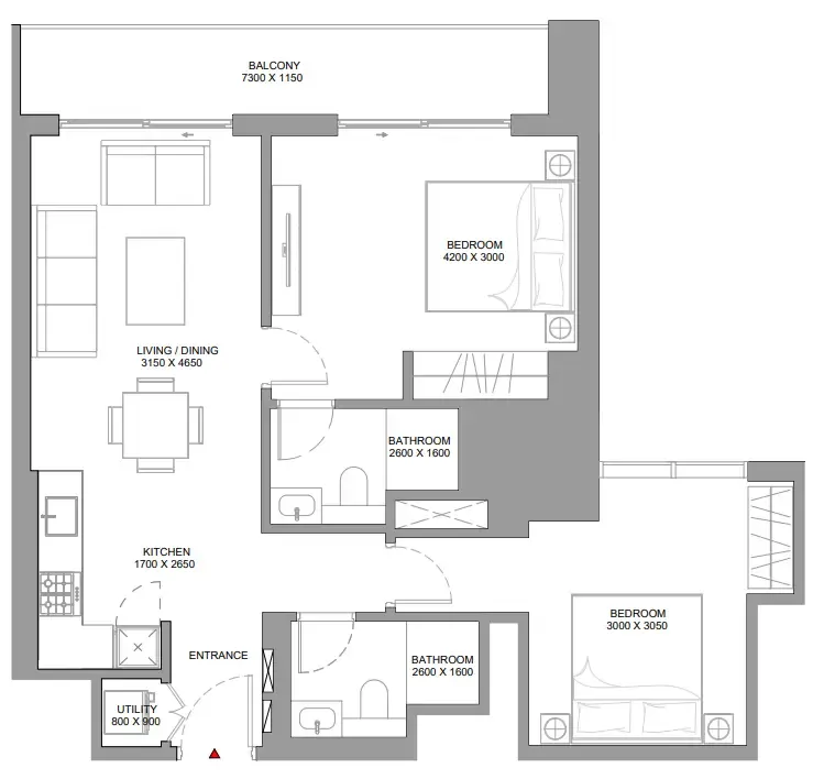 The Horizon at Sobha Central 2 bed floor plan, 922 sqft