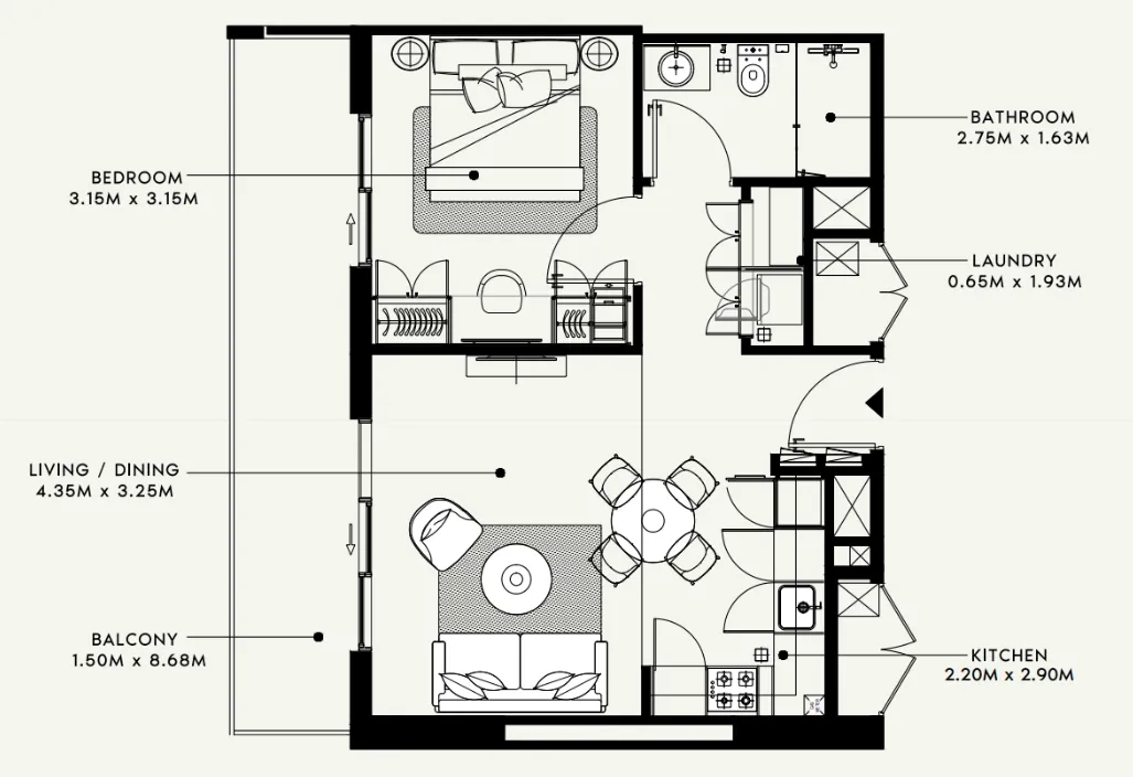Beach Oasis 1 and 2 1 bed floor plan, 687 sqft