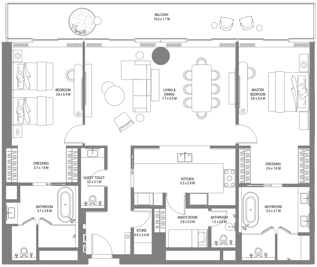 Anantara Sharjah Resort 2 bed floor plan, 2,224 sqft
