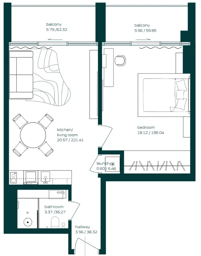 Vibe 1 bed floor plan, 692 sqft