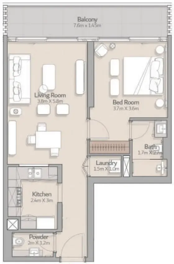 South Square Tower S1 1 bed floor plan, 844 sqft
