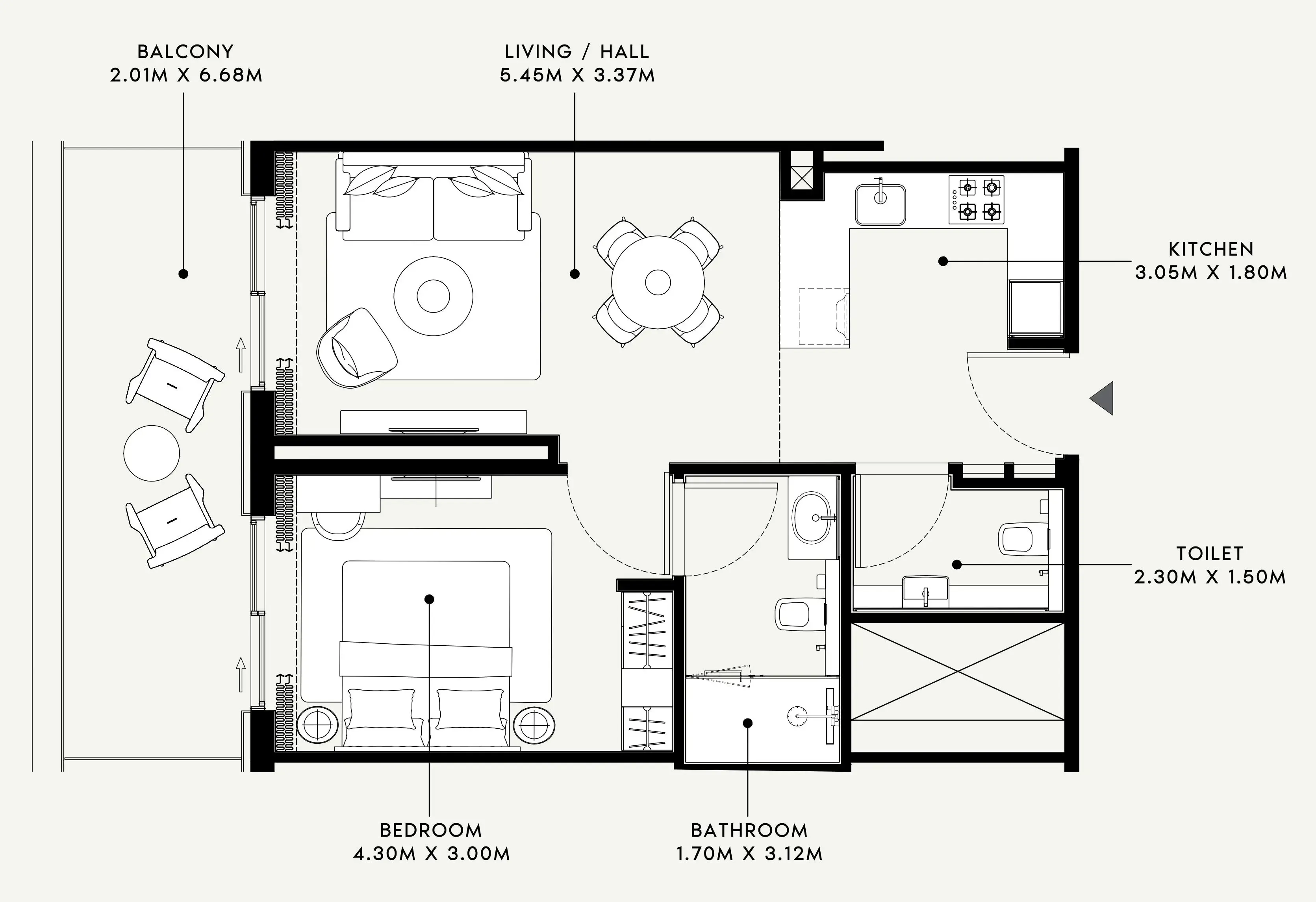 Azizi Venice 1 bed floor plan, 740 sqft