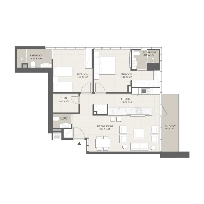 Sapphire 32 2 bed floor plan, 1,155 sqft