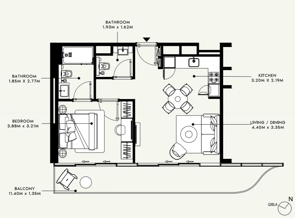 Azizi Venice 1 bed floor plan, 719 sqft